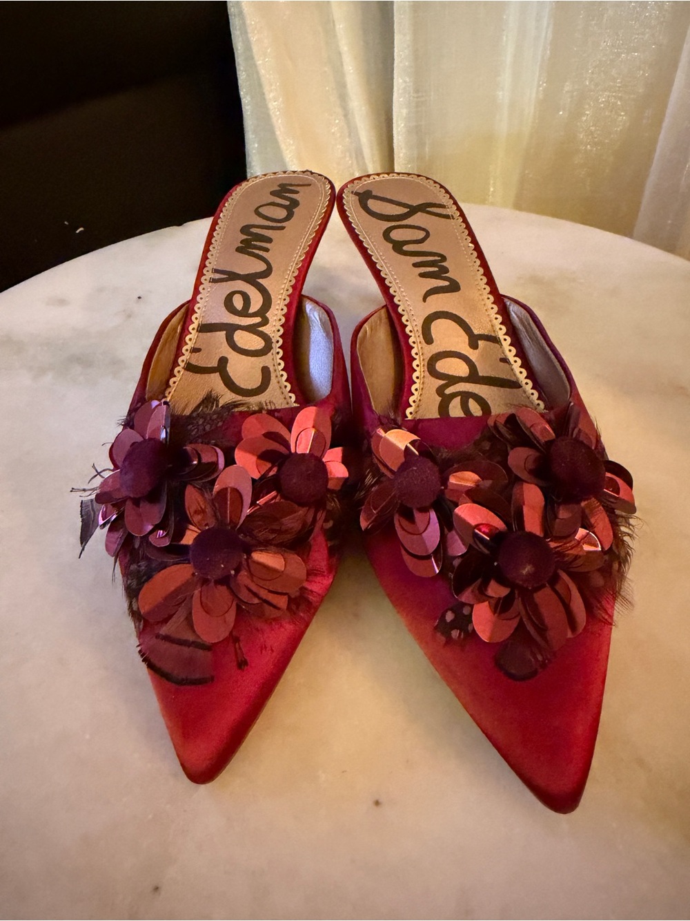 Sam Edelman Burgundy Wine Satin Floral Feather Pointed Kitten Heel Mules